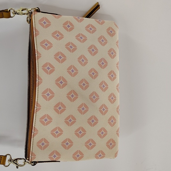 Fossil Crossbody Purse Ivory Pink Purple Adjustable Strap Zip Top - Picture 7 of 8